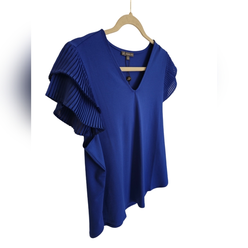 NWT Adrianna Papell Sapphire  Pleated  Double Short Sleeve V Neck Top Size Large